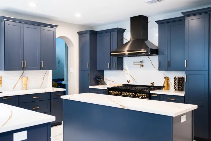 Completed Artisanal Blue kitchen, view 1
